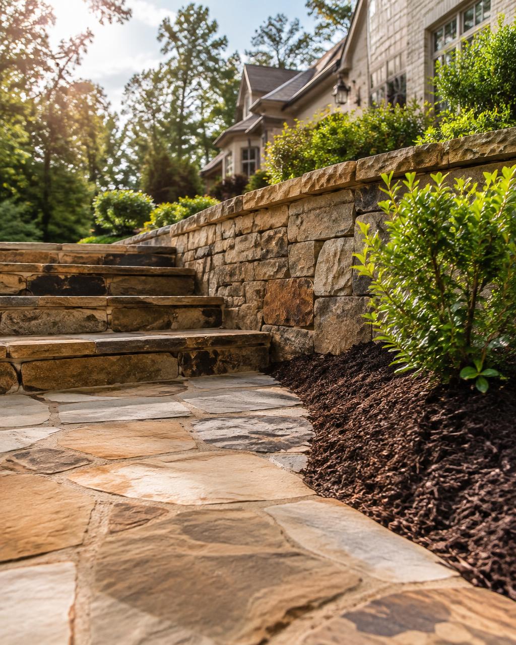 Stone retaining wall and flagstone walkway