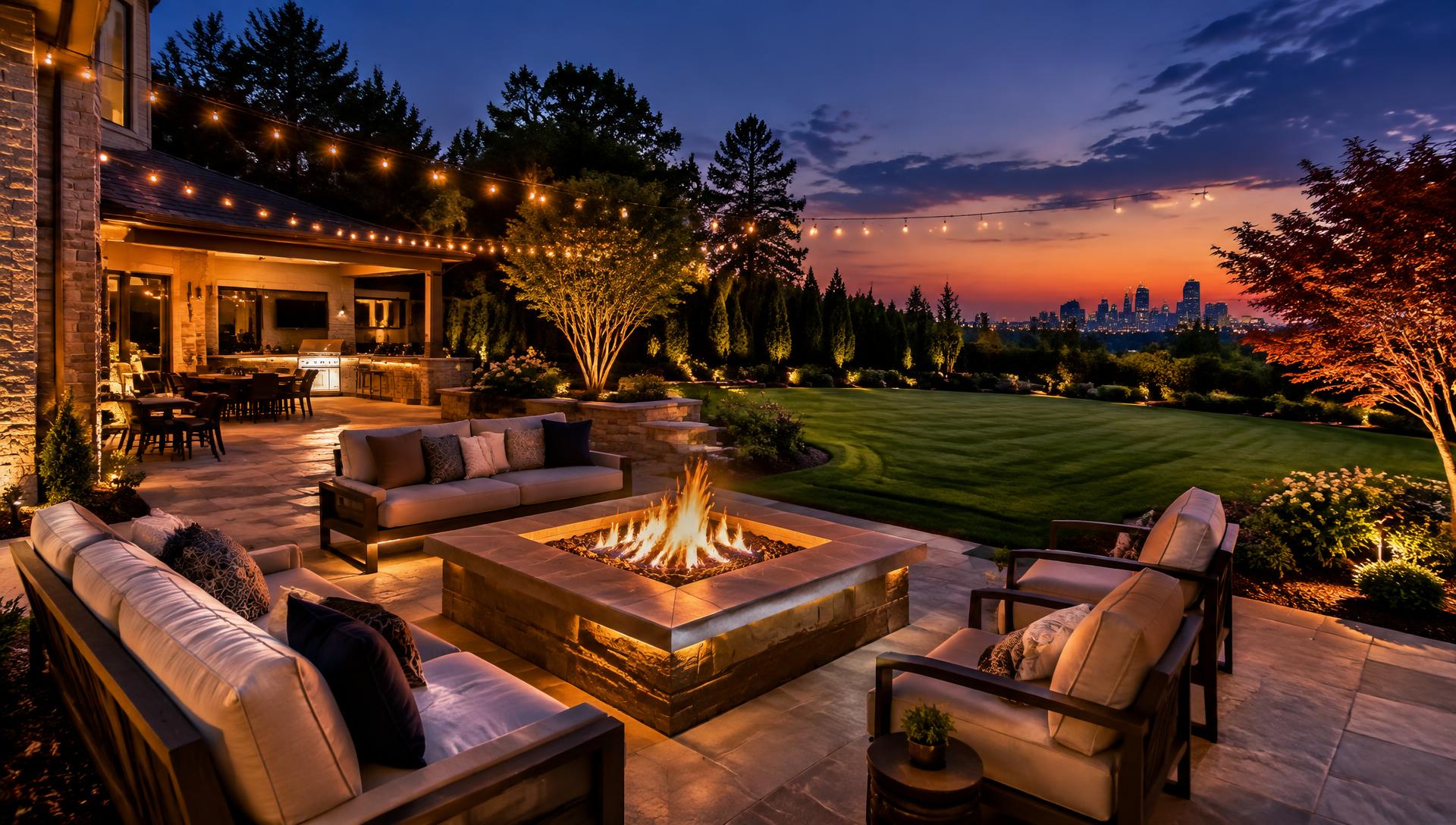 Illuminated stone patio and fire pit at dusk in an Atlanta backyard