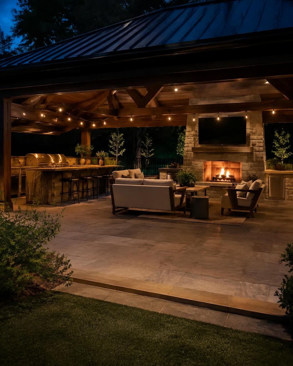 Covered pavilion with outdoor kitchen and fireplace